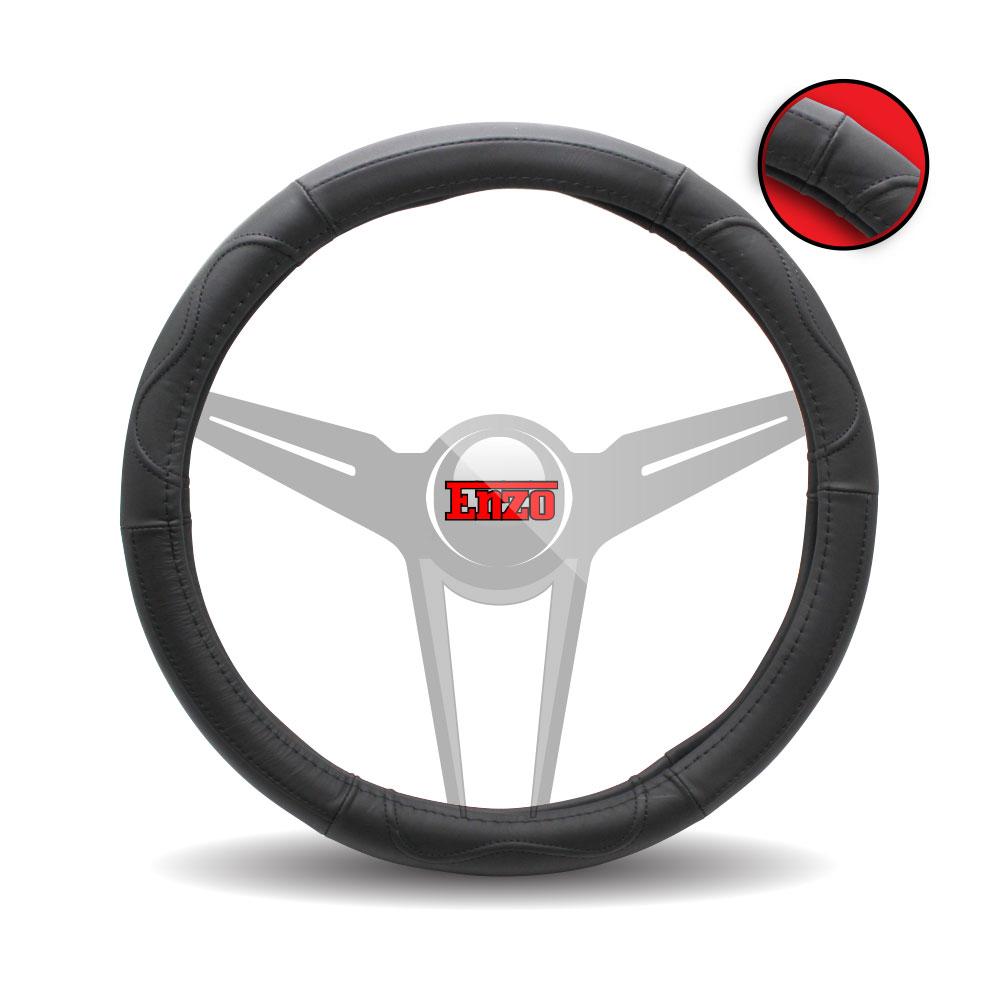 LEATHER STEERING WHEEL COVER BLACK STITCH-STCOVER1