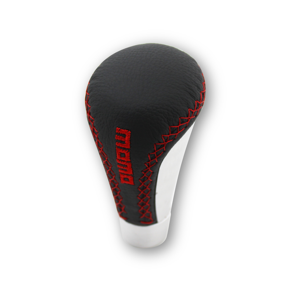 MOMO STYLE LONG BLACK & SILVER GEAR KNOB WITH RED STITCHING-GEARNOB9