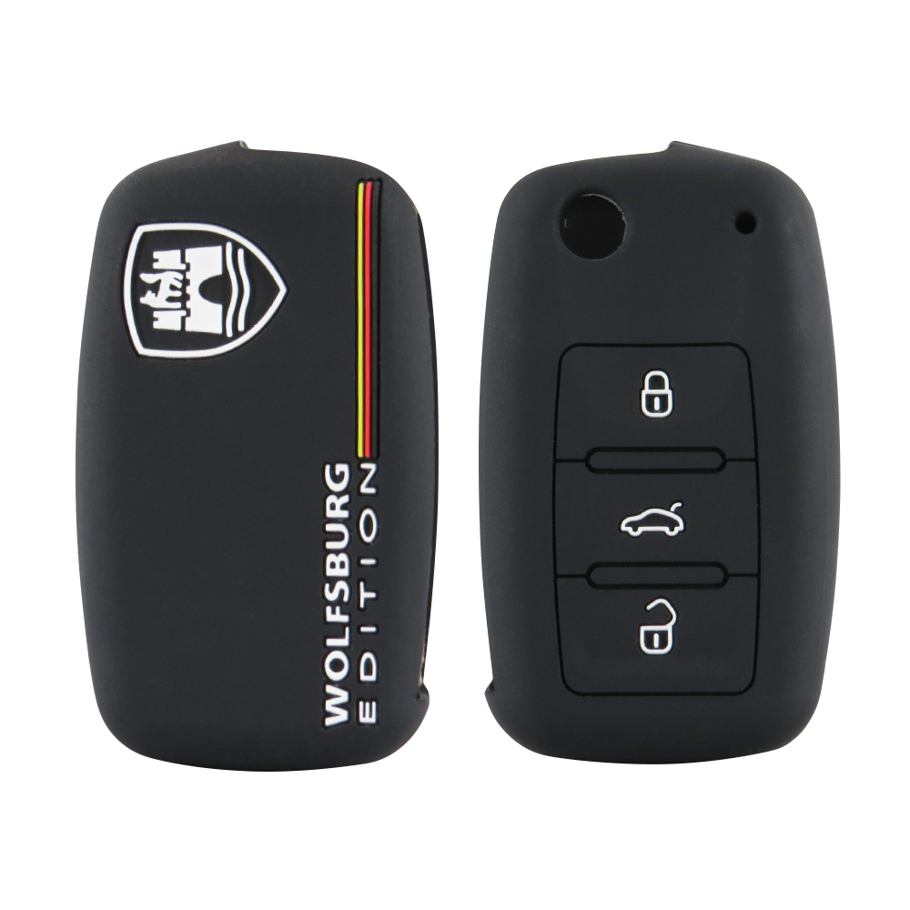 VW POLO 3 BUTTON WOLFSBURG SILICONE KEY FOB CASE BLACK-KEYPOUCHVW3WOLF