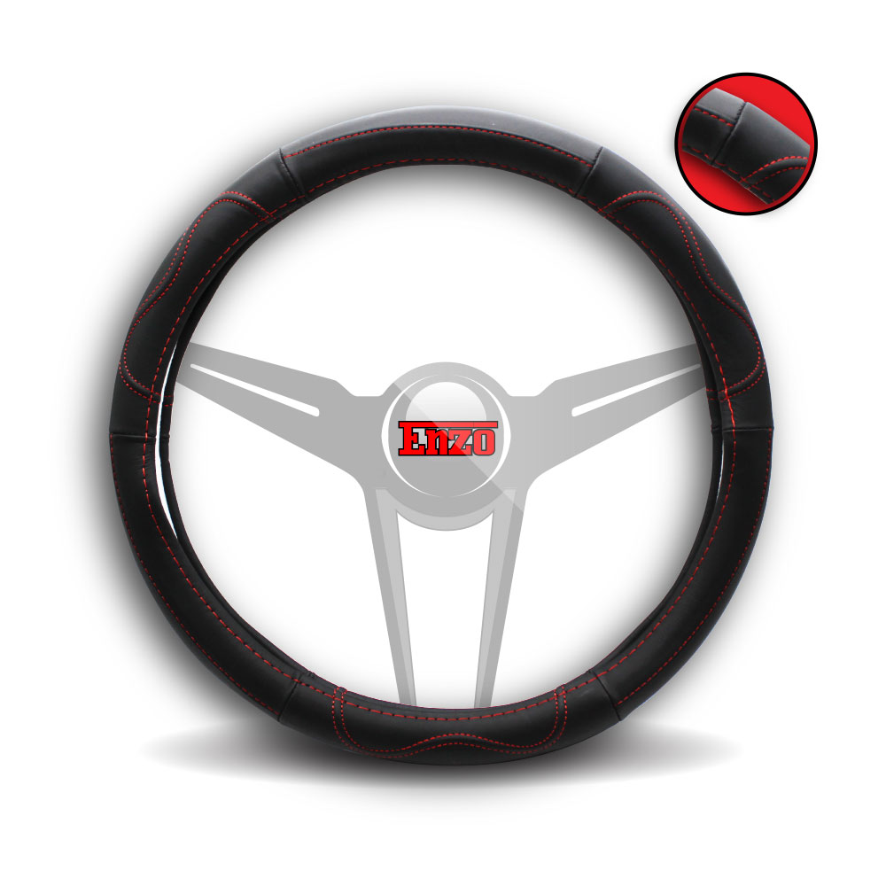 LEATHER STEERING WHEEL COVER BLACK WITH RED STITCH-STCOVER2