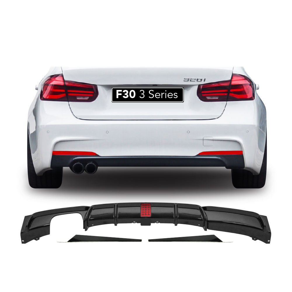 BMW F30 SPORT M PERFORMANCE LED REAR DIFFUSER GLOSS BLACK DOUBLE PIPE SINGLE OUTLET 3 PIECE-BMWF30R1LED