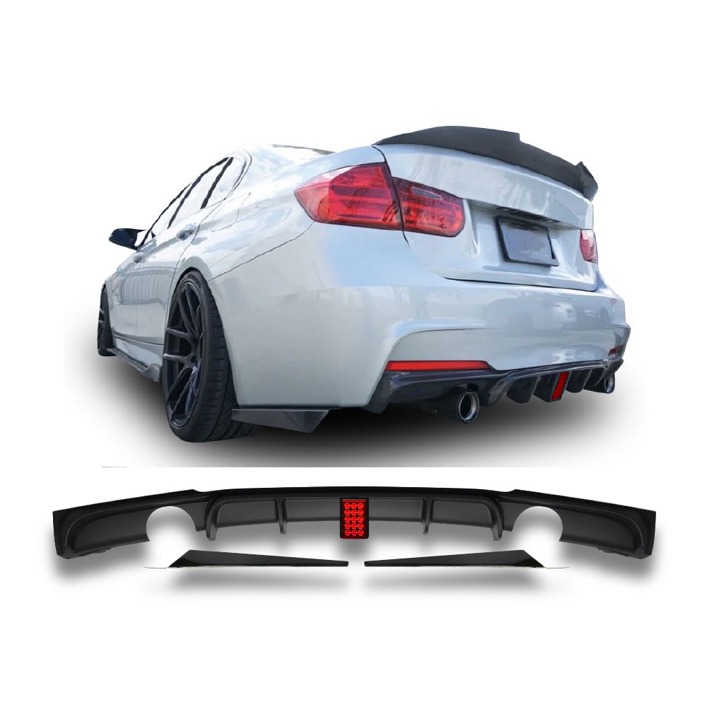 BMW F30 TO F80 LED REAR DIFFUSER DOUBLE OUTLET SINGLE PIPE REAR DIFFUSER 3 PIECE GLOSS BLACK-BMWF30R2LED