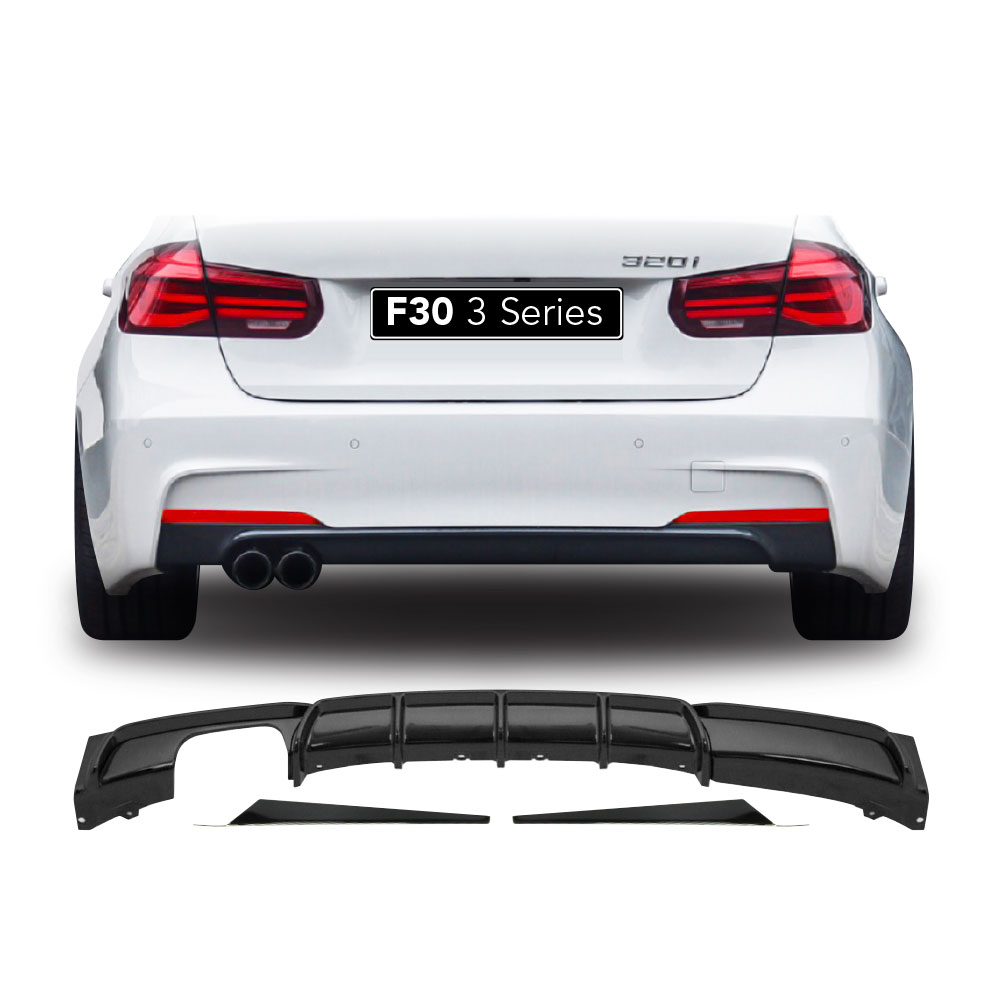 BMW F30 SPORT M PERFORMANCE GLOSS BLACK REAR DIFFUSER DOUBLE PIPE SINGLE OUTLET GLOSS BLACK 3 PIECE-BMWF30R1GBF80