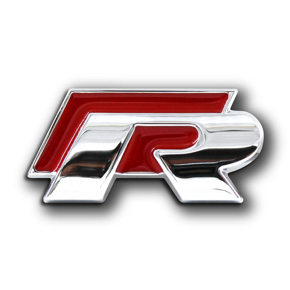 R STICK ON BOOT BADGE CHROME AND RED-CHR-J2RED