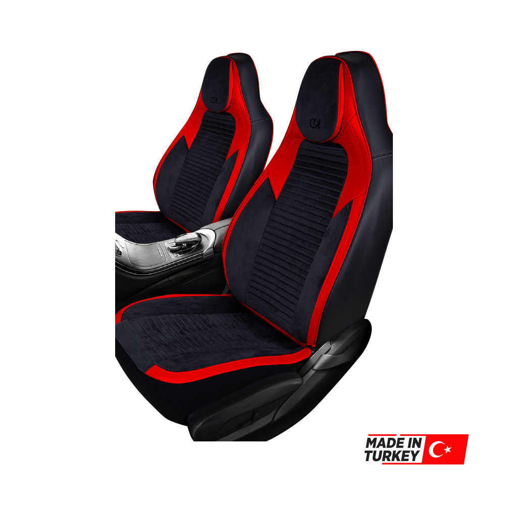 UNIVERSAL F1 STYLE BLACK SUEDE RED PU LEATHER SEAT COVERS 9 PIECE SET-SEATAUZPVCRED