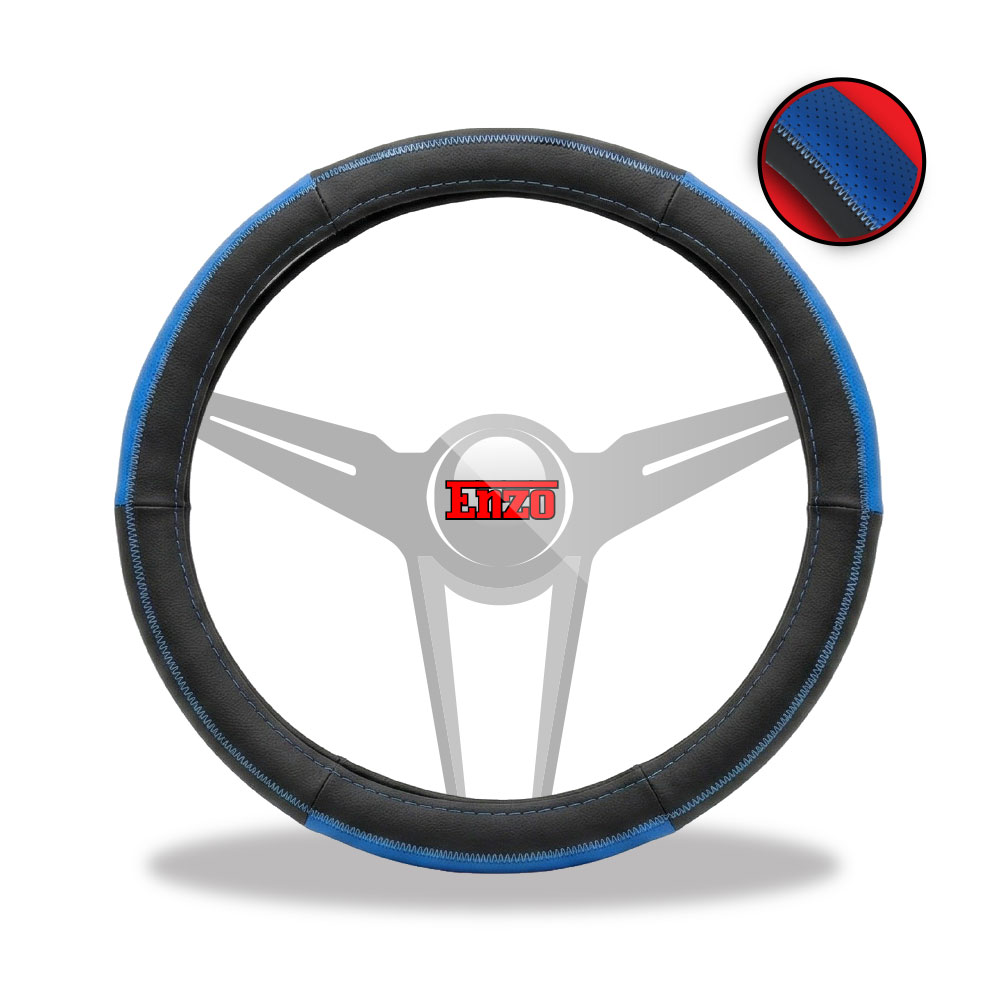 LEATHER STEERING WHEEL COVER BLACK WITH BLUE PATCH-STCOVER4BLU