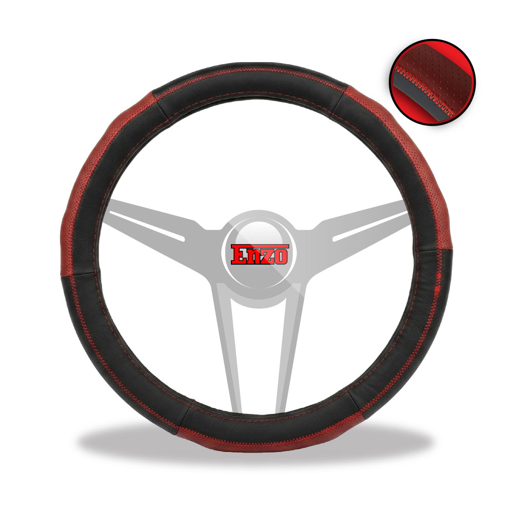 LEATHER STEERING WHEEL COVER BLACK WITH RED PATCH-STCOVER4RED