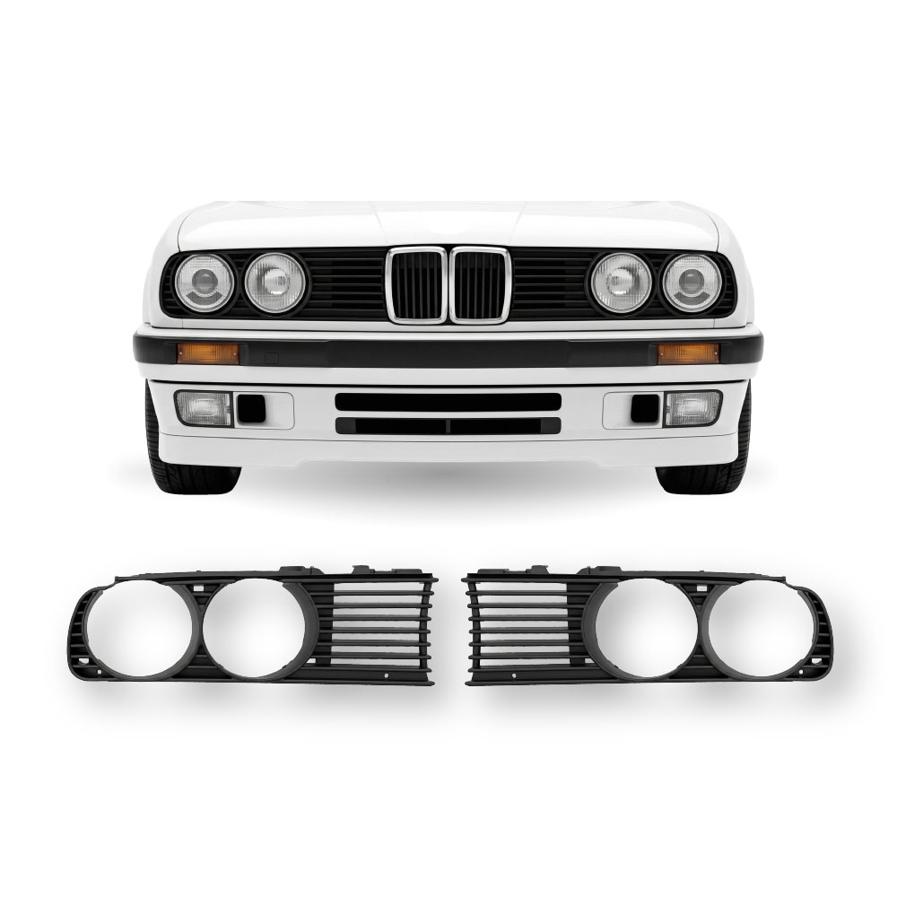 BMW E30 HEADLIGHT GRILL SURROUNDS BLACK 2 PIECE SET-BMWE30AHL